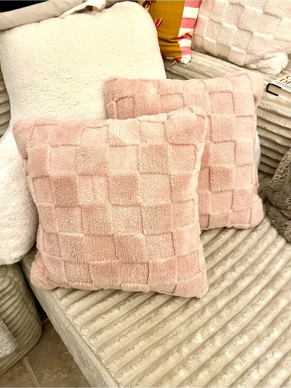 Plush Soft Pink Checkerboard Decorative Throw Pillow - Cozy Home Accent—like new